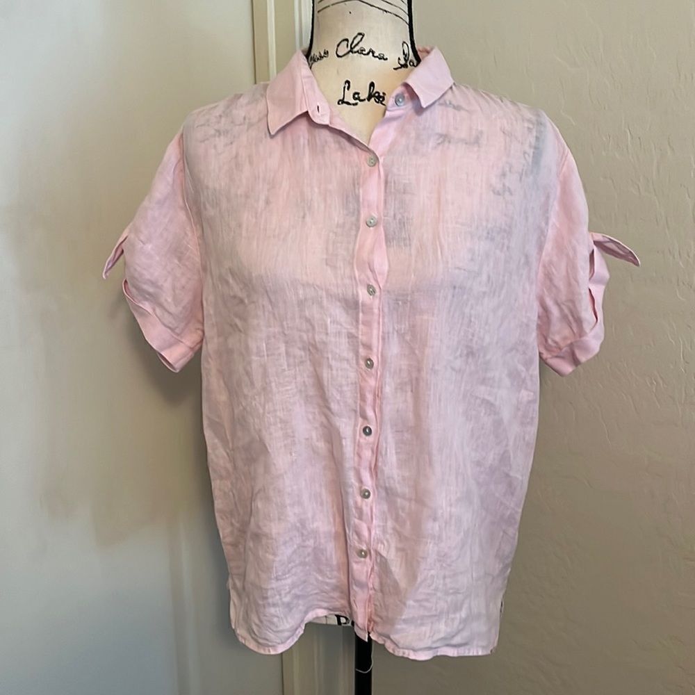 Cynthia Rowley Pink 💯 Linen Button Down Top Casual Feminine Contemporary
